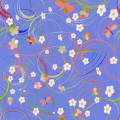 Seamless sketch pattern with abstract colorful flowers and butterflies on blue background