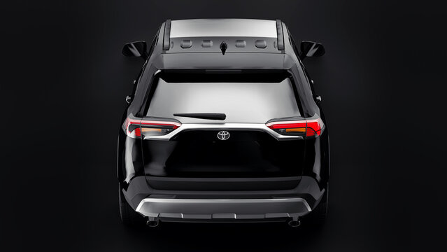 Paris, France. June 26, 2021: Toyota RAV4 SUV 2020 city black car isolated on black background. 3d illustration.