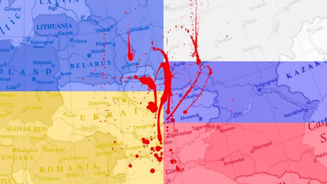 Blood drips on the flag of Ukraine and Russia on the Europe map background. Ukraine War Poster