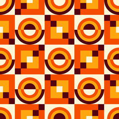 Abstract mid-century modern style seamless pattern with squares and circles. Vintage vector background. Geometric wallpaper. Funky ornament in retro colors.	