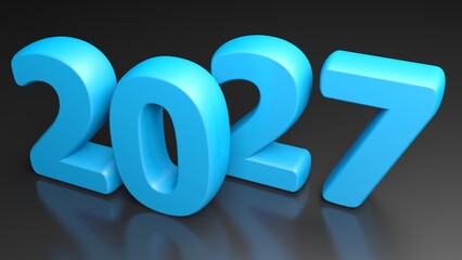 2027 blue write on black glossy surface - 3D rendering illustration - obrazy, fototapety, plakaty