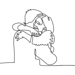 Hugs after separation concept. One line couple in love. Romantic continuous sketch people hugging. Minimalist and simplicity design. Contour lineart minimalism. Linear hand drawn illustration.