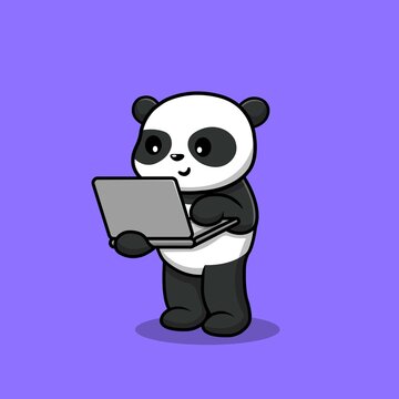 Cute Panda Working On Laptop Cartoon Vector Icon Illustration. Animal Technology Icon Concept Isolated Premium Vector. Flat Cartoon Style