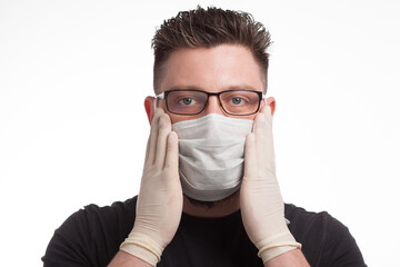 The guy in the mask and gloves on his hands on a white background.