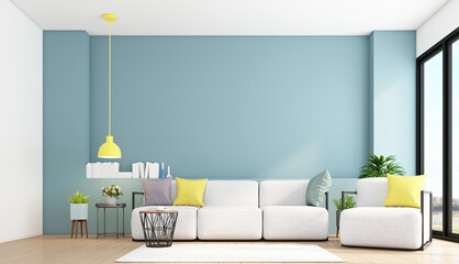 Minimalist style living room with sofa and armchair. light blue wall and wood floor. 3d rendering