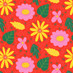 Bright floral pattern. Texture in doodle style. Pink, orange, green and yellow. Print for printing and decoration.