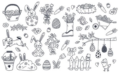 Cute vector set of Easter doodles: bunnies, baskets, Easter eggs, chickens, carrots, leaves, flowers, butterflies.