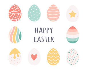 Happy Easter greeting card with painted Easter eggs. Hand drawn vector illustration