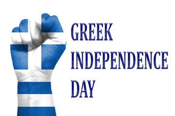 hand fist painted with blue and white  also written Greek Independence Day