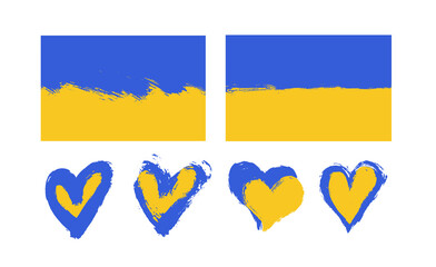 Set of brush with Ukraine national blue and yellow flag. Grunge watercolor painting flag, hearts of Ukraine. Collection symbol, poster, banner of the national flag. Vector style watercolor drawing.