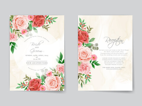 Romantic red roses wedding invitation card template
