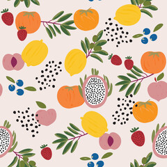 Trendy colourful of summer fruits, Mixed fruits Dragon fruits,Lemon .Berries,Orange ,Strawberry ,Peach in brush strokes style, seamless pattern vector, fashion design, fabric, wallpaper,wrap