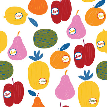 Trendy colourful of Fresh summer fruits, Mixed fruits apples,Orange,Lemon,Pomelo ,pineapple and Melon Hand drawn brush strokes style, seamless pattern vector, fashion design, fabric, wallpaper,wrap