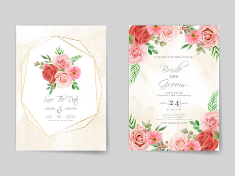 Romantic red roses wedding invitation card template