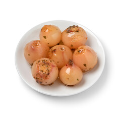 Preserved Lampascioni, Tassel grape, on a plate close up isolated on white background