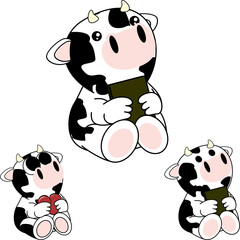 Fototapeta premium little baby sit cow character cartoon holding a book and heart collection in vector format