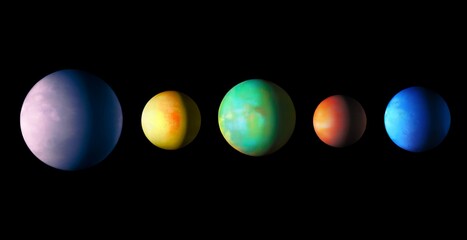 Planets from another star system. Extrasolar system with exoplanets. Alien planetary system. 