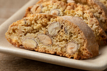 Fresh traditional homemade Italian Cantuccini on a plate close up  
