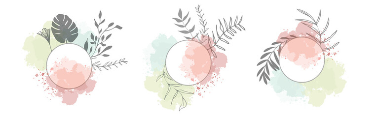 Set of floral frames with different grasses, ferns and leaves. Wreaths with ornaments and watercolor effects. Element design. Vector illustration and minimalistic plant set. Hand drawn.