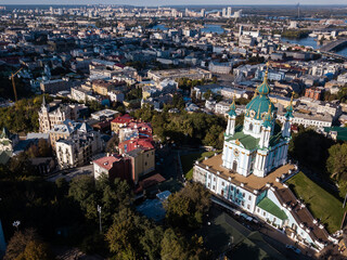 Fototapeta na wymiar Aerial top view to St Andrew Church in Kiev