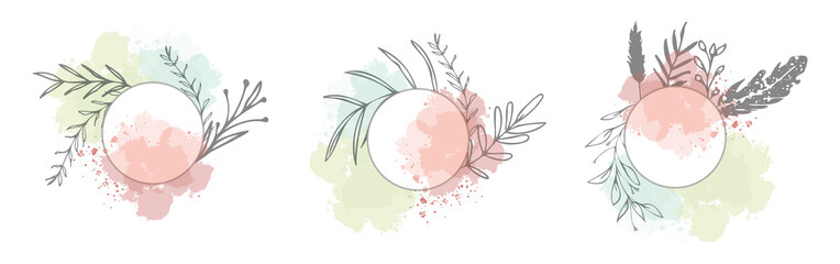 Fototapeta premium Set of floral frames with different grasses, ferns and leaves. Wreaths with ornaments and watercolor effects. Element design. Vector illustration and minimalistic plant set. Hand drawn.