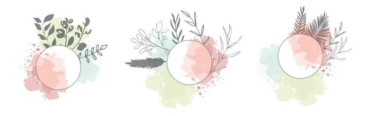 Obraz premium Set of floral frames with different grasses, ferns and leaves. Wreaths with ornaments and watercolor effects. Element design. Vector illustration and minimalistic plant set. Hand drawn.