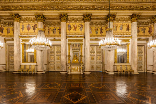 Turin, Italy - Circa January 2022: romantic old ballroom interior in Royal Palace, 1842.