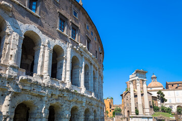 Ancient exterior of Teatro Macello (Theater of Marcellus) located very close to Colosseum, Rome, Italy.