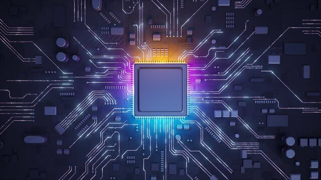 Central Computer Processors CPU concept. Motherboard digital chip. Technology science background. Integrated communication processor. 3D animation