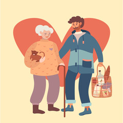 A man helps his grandmother. The social worker supplies groceries old lady. Illustration about charity and assistance to retired or disabled people.