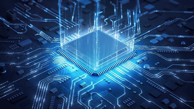 Central Computer Processors CPU concept. Motherboard digital chip. Technological and scientific blue background. Integrated communication processor. 3D animation