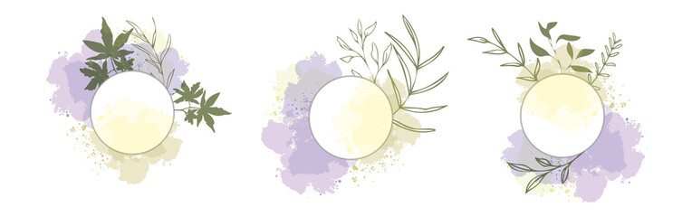 Set of floral frames with different grasses, ferns and leaves. Wreaths with ornaments and watercolor effects. Element design. Vector illustration and minimalistic plant set. Hand drawn.