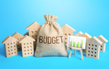 Money bag budget and real estate. Municipality budget of community. Collection of taxes and fees....
