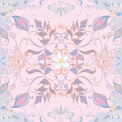 Watercolor floral Paisley pattern tile, flowers, feathers, leaves. Oriental indian traditional hand painted water color whimsical seamless print, ceramic design. Abstract india batik background