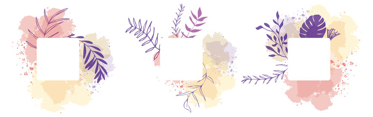 Fototapeta na wymiar Set of floral frames with different grasses, ferns and leaves. Wreaths with ornaments and watercolor effects. Element design. Vector illustration and minimalistic plant set. Hand drawn.