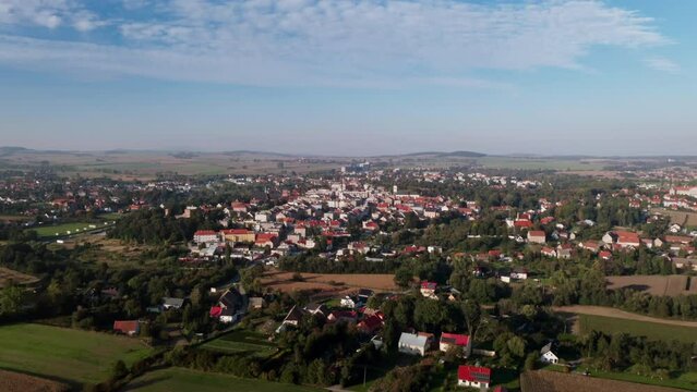 Ząbkowice Śląskie, drone aerial view of town, late summer 2021. Lower Silesian Voivodeship, Poland. Former name Frankenstein in Schlesien. Drone aerial view in 4k UHD real time. Orbit orbiting flight.