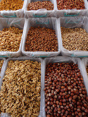Mixed nuts and dried fruits on a farmers market stall in the Aegean coastal town Bodrum, Turkey.   
