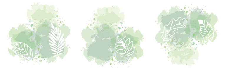 Flower branch and minimalistic plant set. Hand drawn lines, elegant leaves for your own design. Botanical, chic and trendy plants with watercolor splashes.