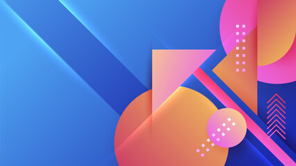 Modern abstract neon gradient blue colorful memphis for design background. Blue background with orange yellow pink red gradient geometric shapes. Vector illustration