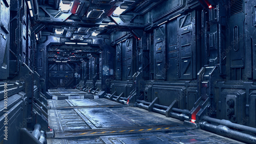 Poster sci-fi fantasy corridor in a futuristic space ship or station. 3d rendering.