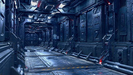 Sci-Fi fantasy corridor in a futuristic space ship or station. 3D rendering.