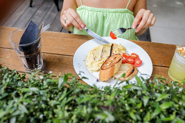 Waffles breakfast with fruit and vegetables omelet camembert