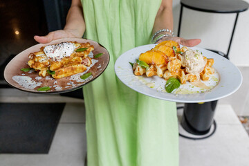 Waffles breakfast with fruit and vegetables omelet camembert