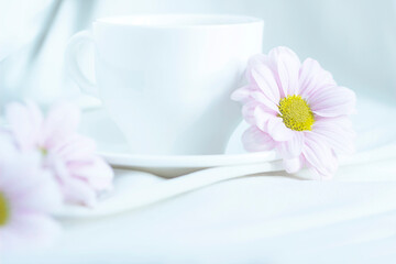 pink chrysanthemum with a yellow center next to a white cup of tea on a light background