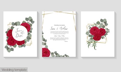 Vector template for wedding invitation. Red ranunculus, roses, eucalyptus, green leaves and plants, round frame.