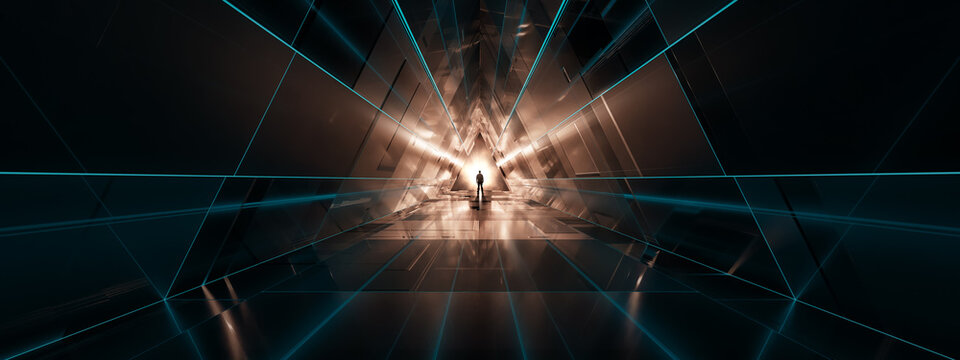 Dark abstract Sci Fi Triangle tunnel background. Man Standing with Glowing Light Rays. 3d Rendering