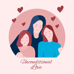 Flat design vector of a woman hugging her two daughters. Unconditional mother's love. Mother's day