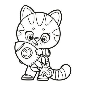 Cute cartoon kitten holding a toy rocket outlined for coloring page on a white background