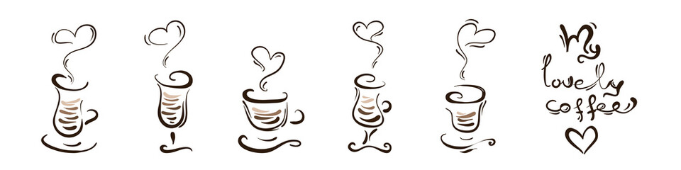 Horizontal set of figured coffee cups. Stylized sketch coffee. Hand drawn doodle drink. Isolated.