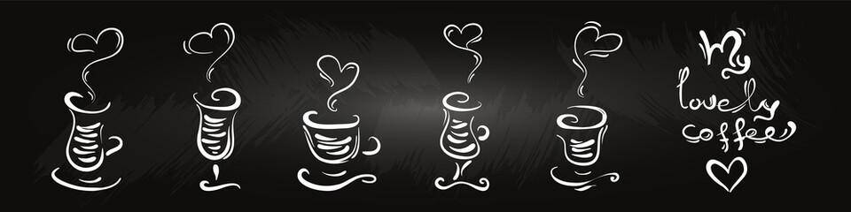 Horizontal set of figured coffee cups. Stylized sketch coffee. Hand drawn doodle drink. Isolated.